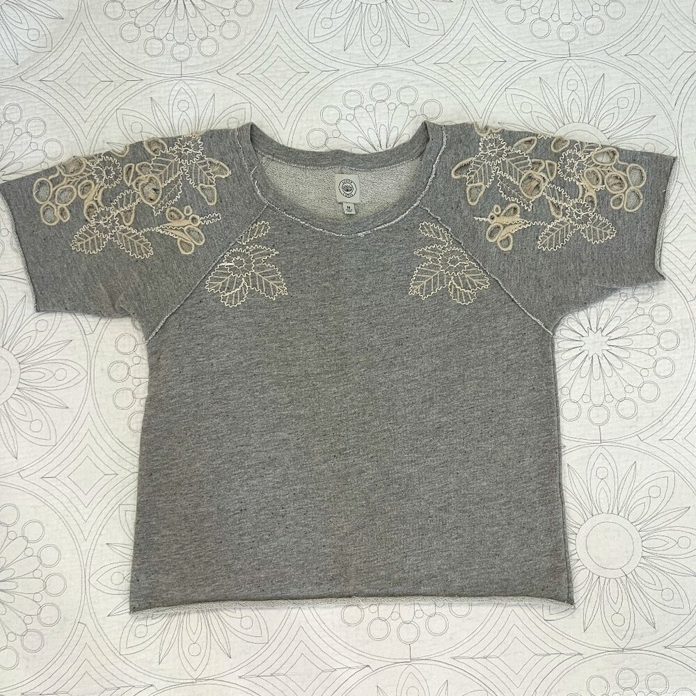 LUCKY LOTUS Grey Floral Embroidered Sweatshirt Cutouts French Terry Athleisure